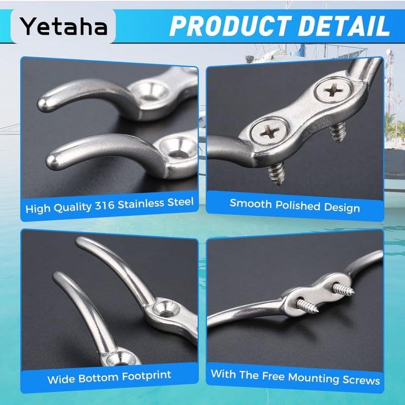 Yetaha 4Pcs Metal Deck Dock Cleats, 4 Inches Stainless Steel Hardware Rope Cleat Mooring, Heavy Duty Rope Cleat for Boat Marine Decor - Image 3